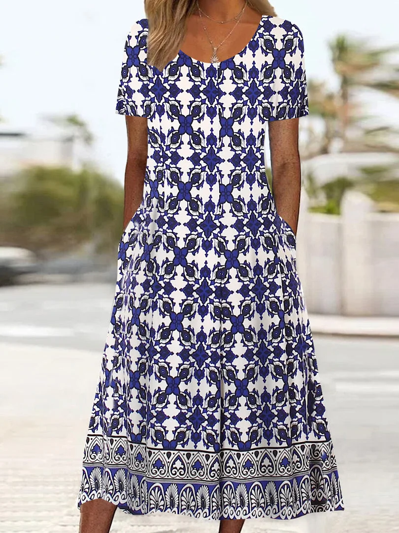 Women Short Sleeve Scoop Neck Graphic Printed Casual Pockets Midi Dress