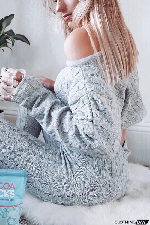 Knit Dew Shoulder Pants Set