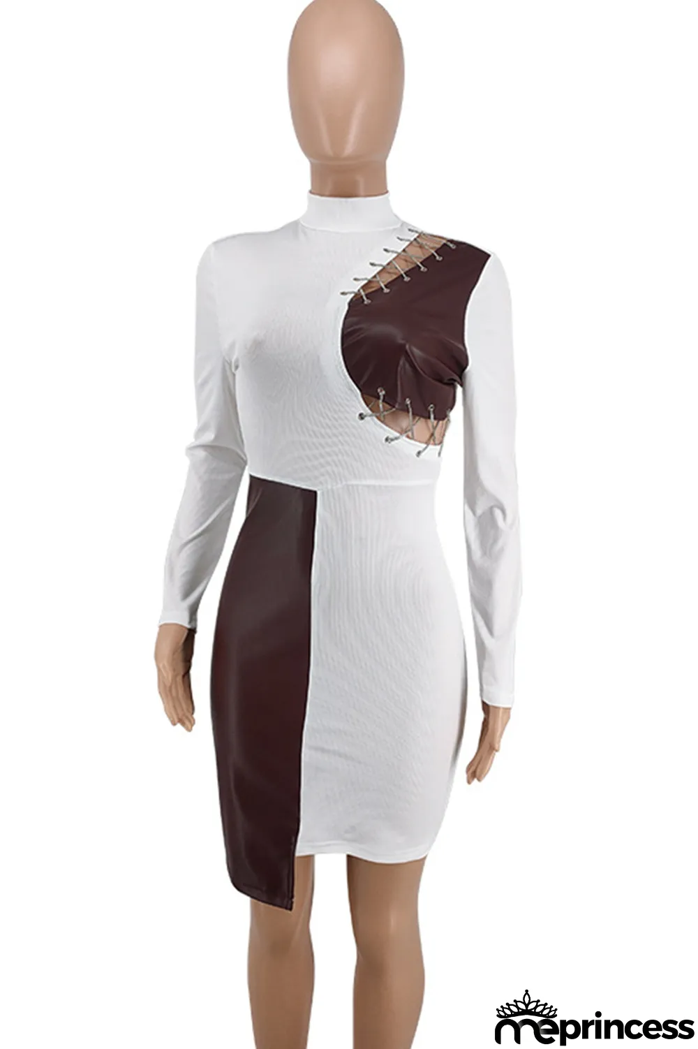 Red Fashion Sexy Patchwork Hollowed Out Asymmetrical O Neck Long Sleeve Dresses
