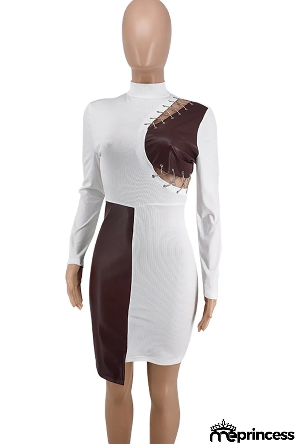 Red Fashion Sexy Patchwork Hollowed Out Asymmetrical O Neck Long Sleeve Dresses