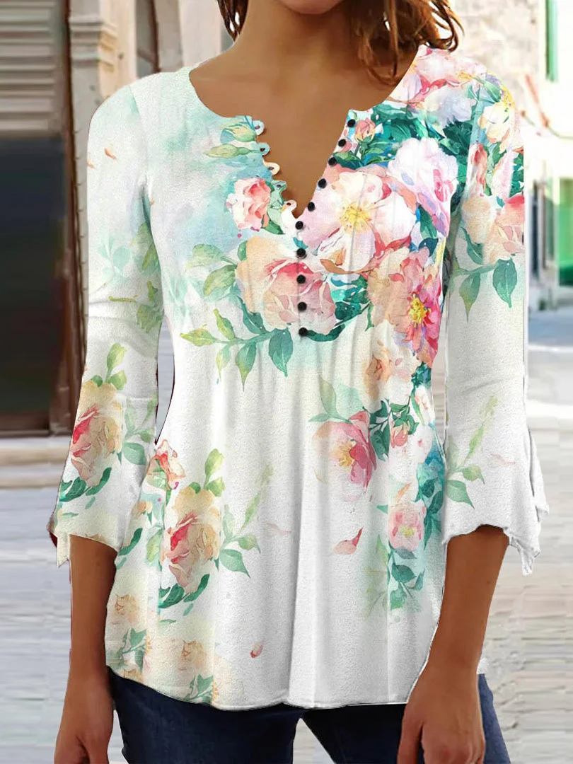 Women plus size clothing Women 3/4 Sleeve V-neck Floral Printed Tops-Nordswear