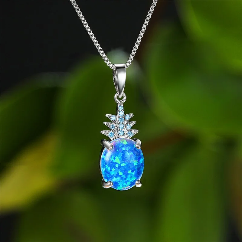 Cute Female Oval Opal Pendant Necklace Rose Gold Silver Color Chain Necklaces For Women Charm Crystal Pineapple Wedding Necklace