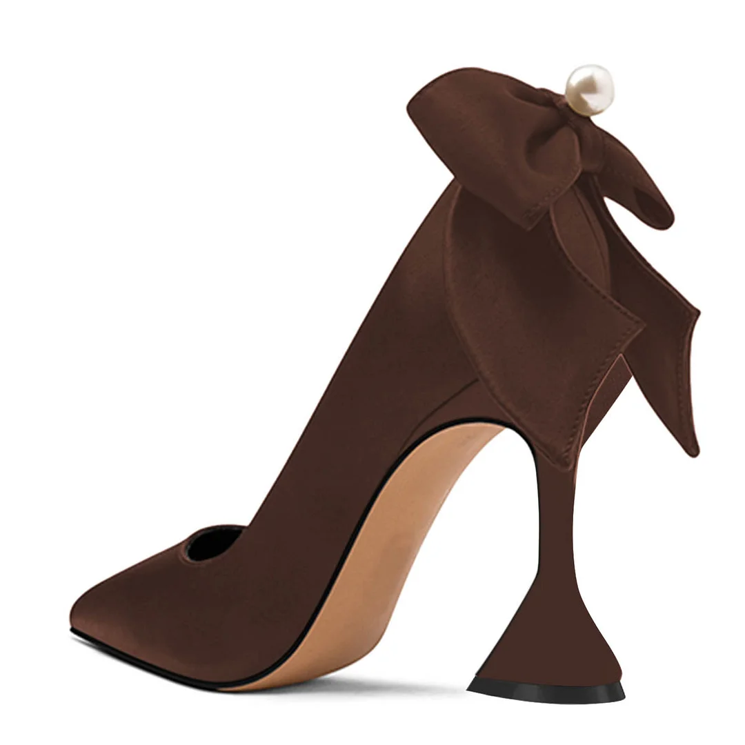 Satin Pointed Toe Flared Heel Pearl Bow Accent Pumps Shoes in Brown