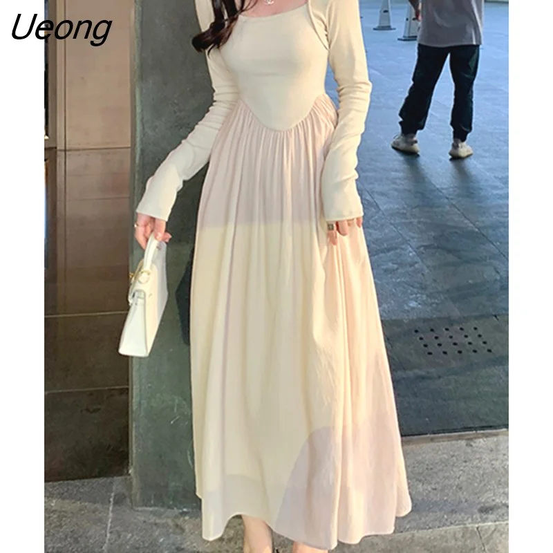 Ueong Vintage Basic Solid A-Line Long Dress Elegant Slim Hollow Out Square Collar Maxi Dresses For Women 2022 Autumn Wintter