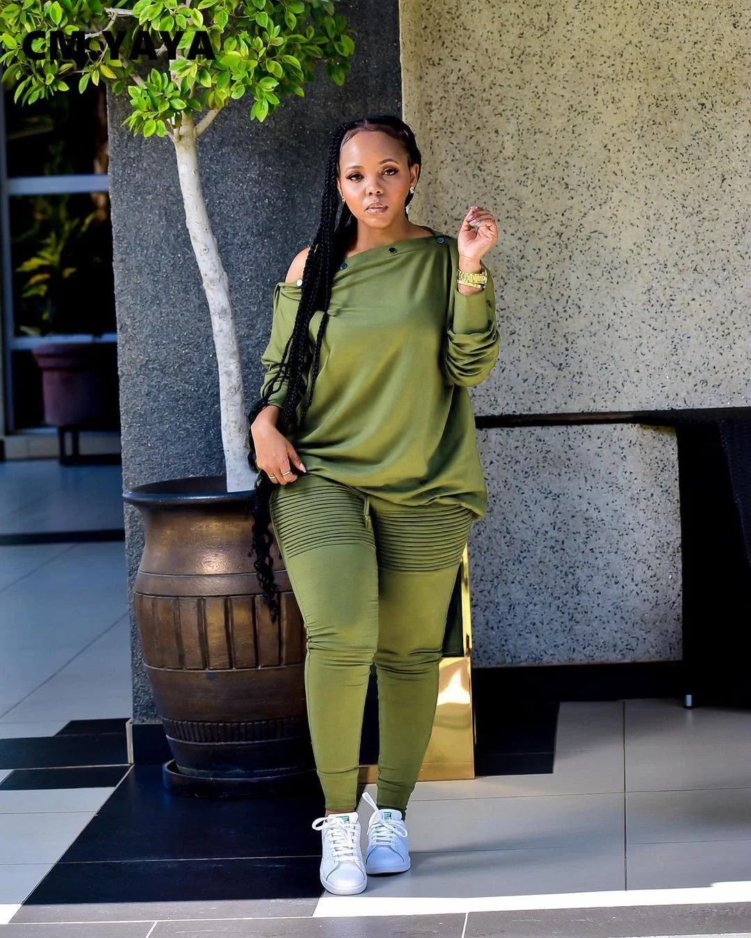 CM.YAYA Autumn Winter Elegant Women's Set Button Up Slash Neck Tops and Draped Pants Tracksuit Two Piece Set Fitness Outfits