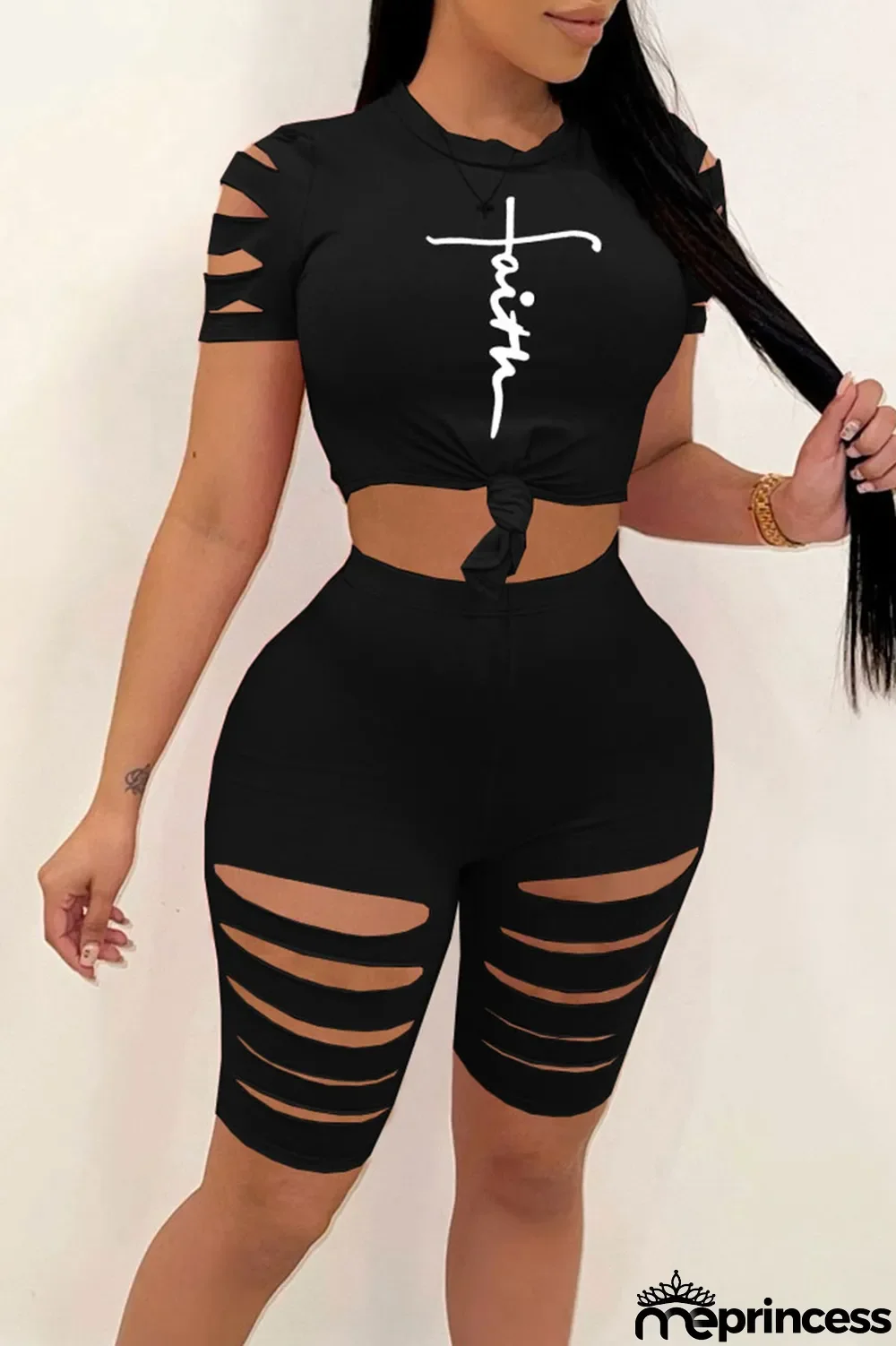 Black Sexy Print Hollowed Out Split Joint Short Sleeve Two Pieces