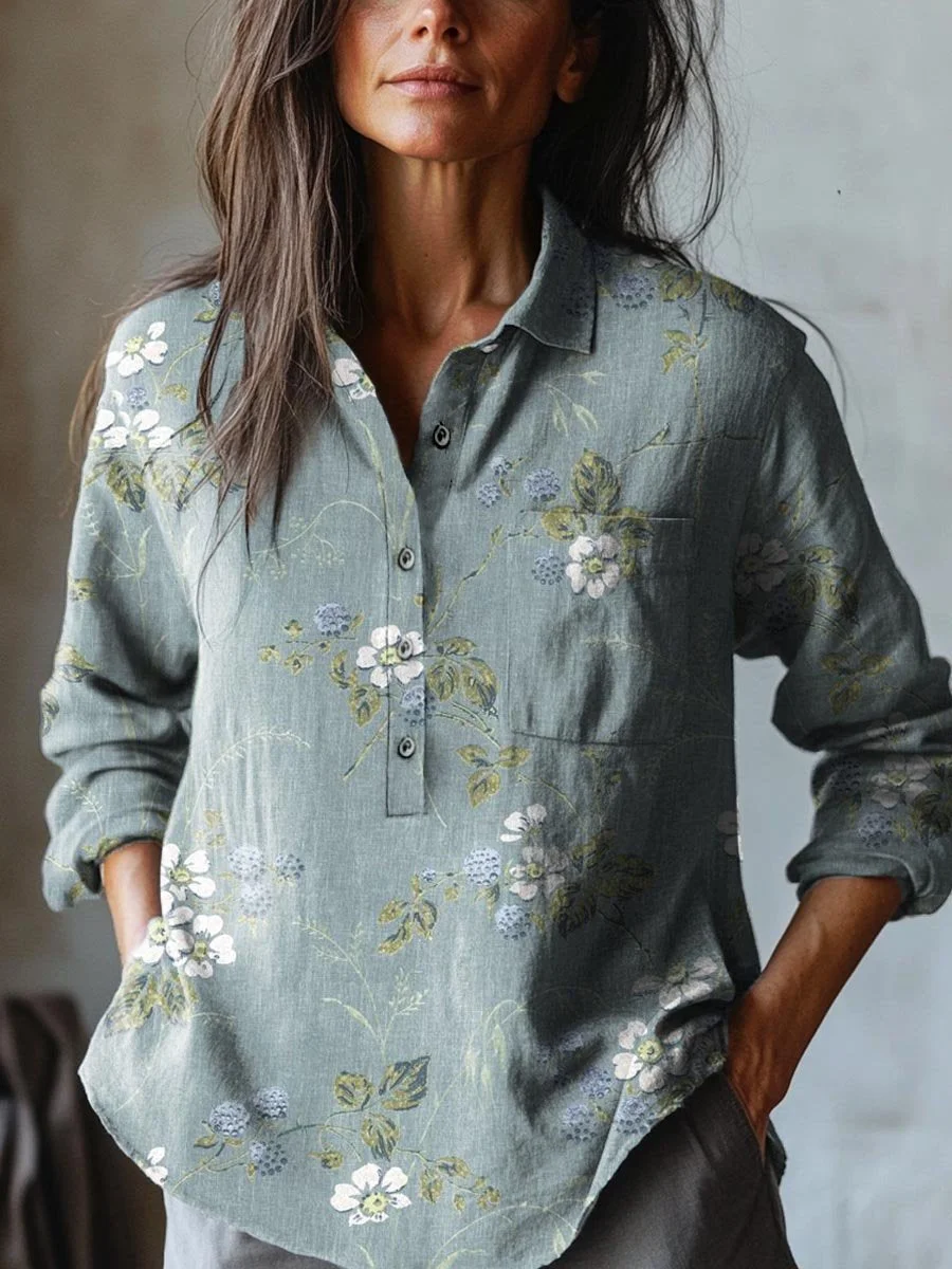 Women's Lovely Floral Art Print Casual Cotton And Linen Shirt
