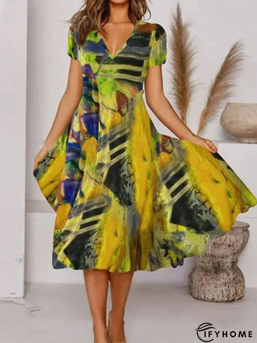 Boho Printed V Neck Floral Weaving Dress | IFYHOME