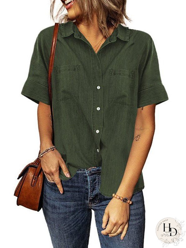 Women's Striped V-Neck Denim Shirt