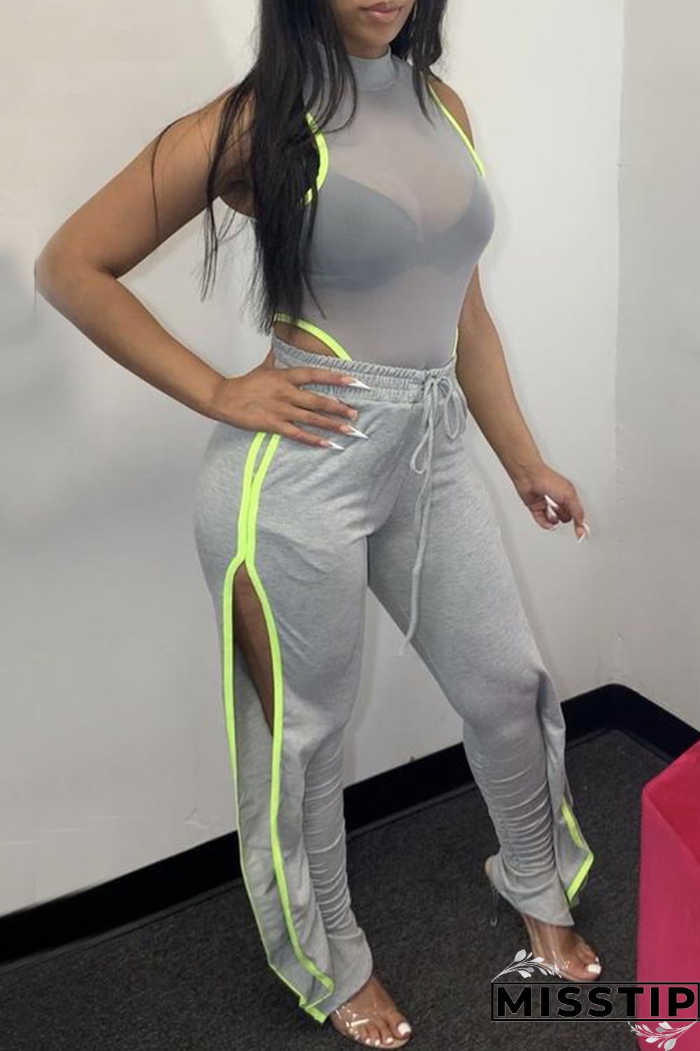 Grey Fashion Sexy Mid Waist Split Pants