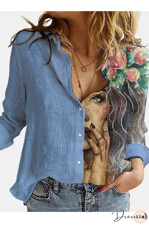 Figure Print Button Design Long Sleeve Casual Blouse