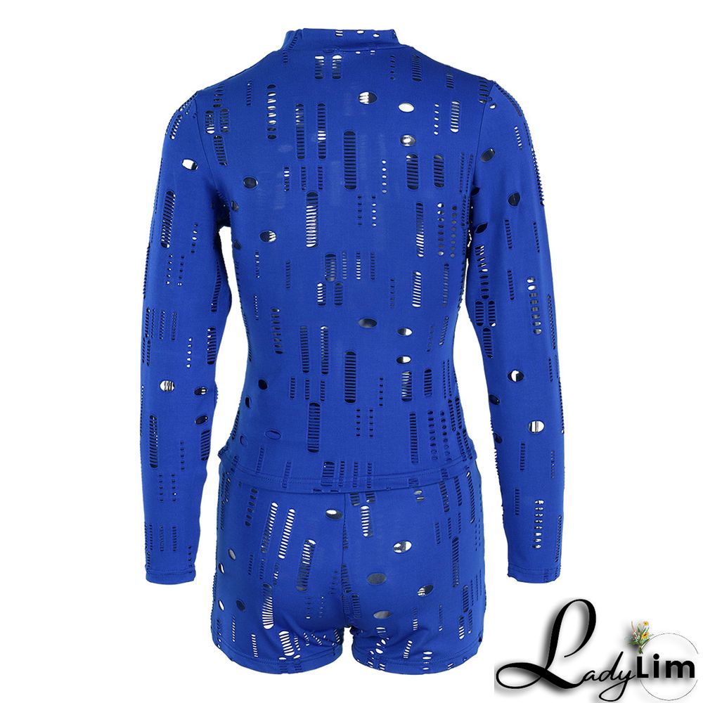 Black Fashion Sexy Solid Ripped Half A Turtleneck Long Sleeve Two Pieces