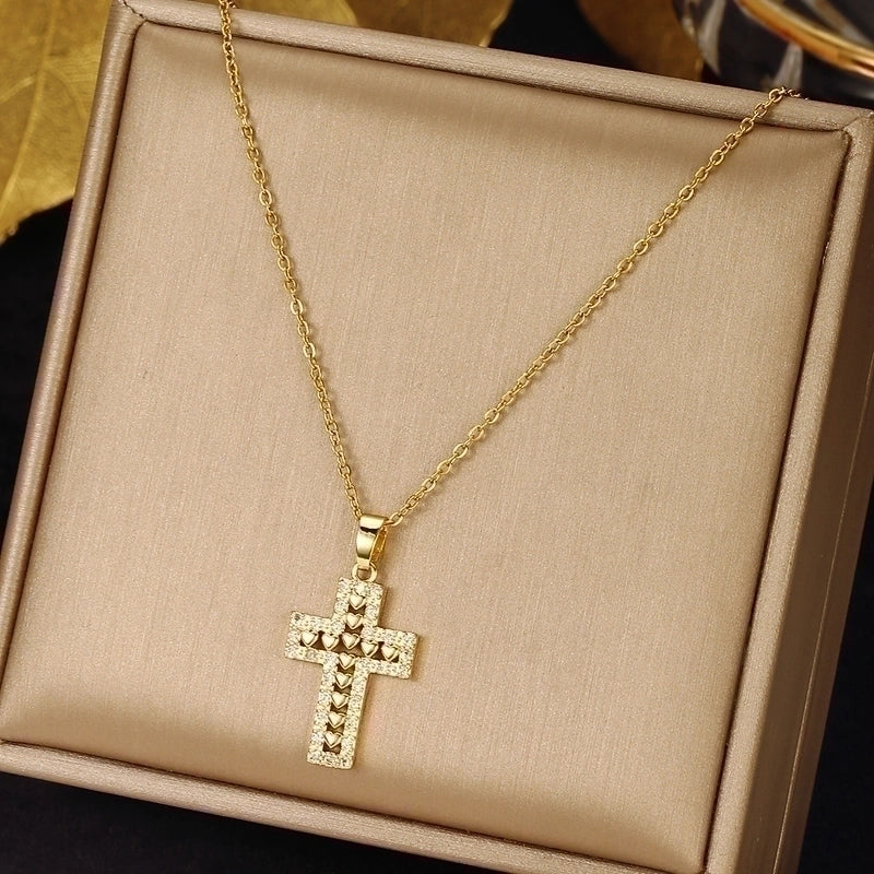 2 Pieces Ethnic Style Cross Stainless Steel Inlay Zircon Pendant Necklace