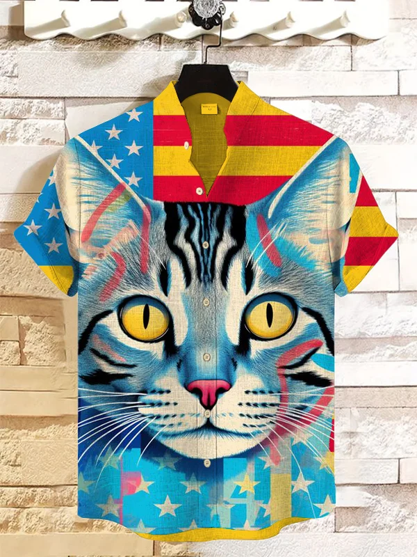 Men's July 4th American Flag Cat Art Print Linen Blend Shirt