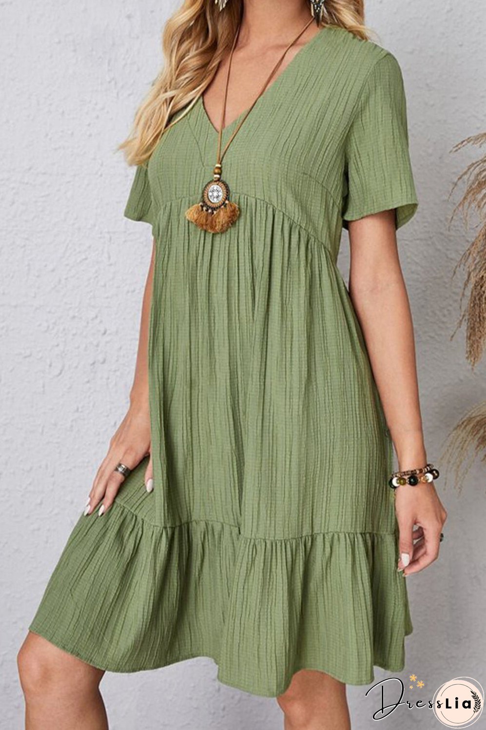 Full Size Ruched V-Neck Short Sleeve Dress