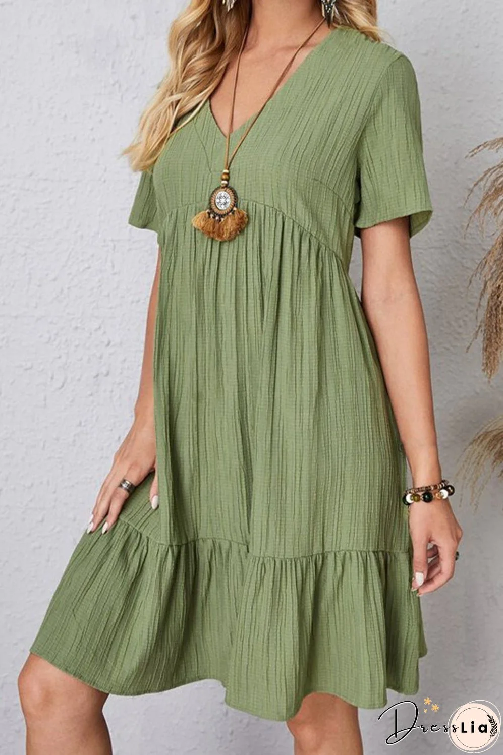 Full Size Ruched V-Neck Short Sleeve Dress