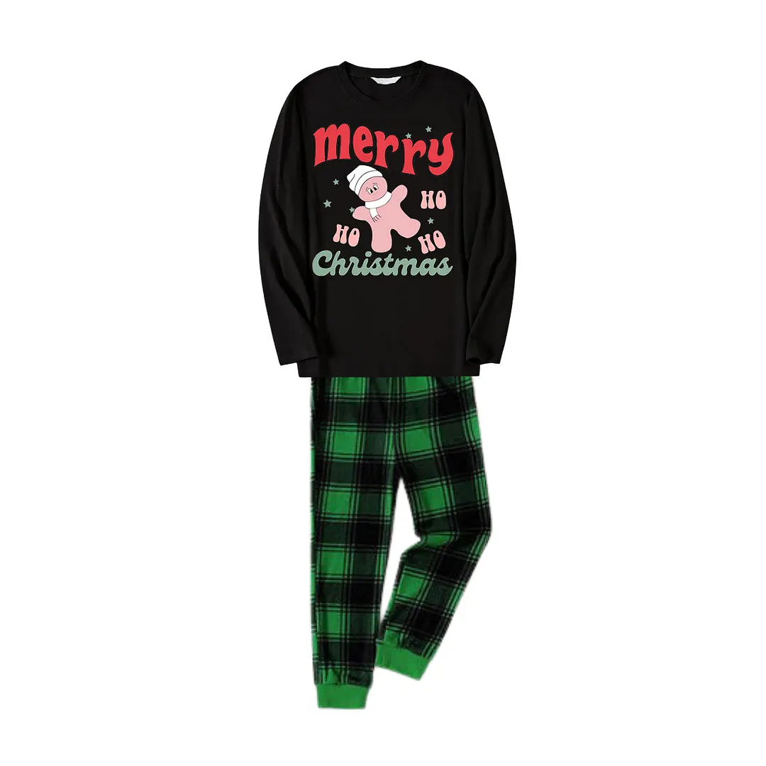 Merry Christmas Cute Cartoon Prints 2024 Black Long Sleeve Top with Green&Black Plaid Family Matching Pajamas