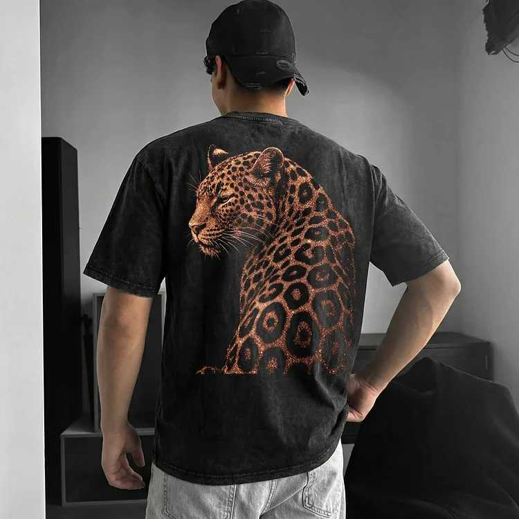 Leopard Rhinestone Design Print Washed T-Shirt