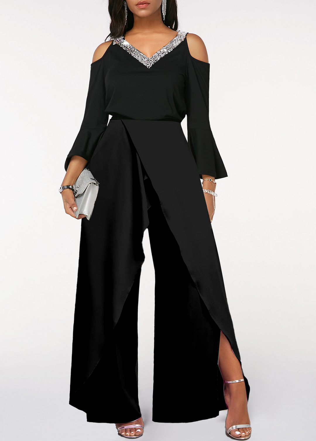 Women's Slit Sequin Solid V Neck Elegant Wide Leg Loose Sleeve Bell Sleeve Jumpsuit JP0011