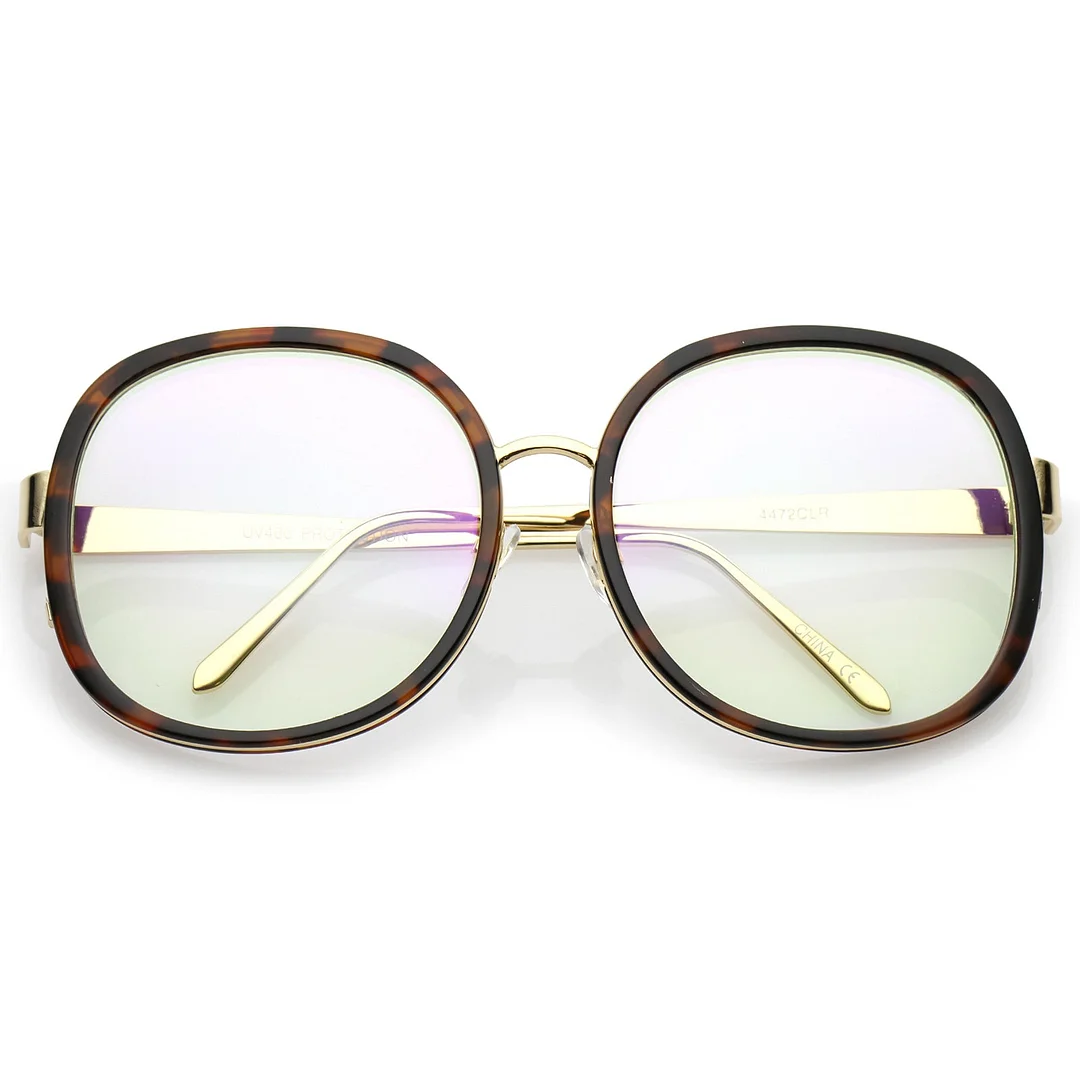 Women's Oversize Metal Arms Nose Birdge Clear Lens Round Eyeglasses 61mm