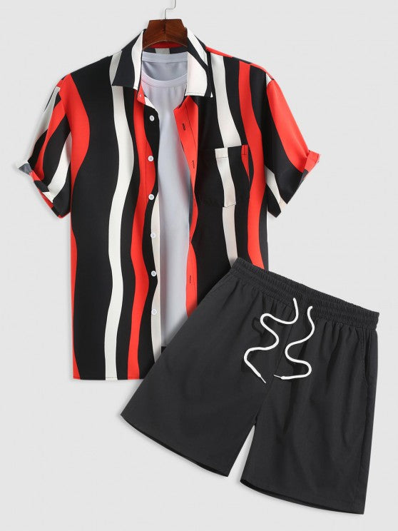 Striped Front Pocket Design Shirt And Shorts