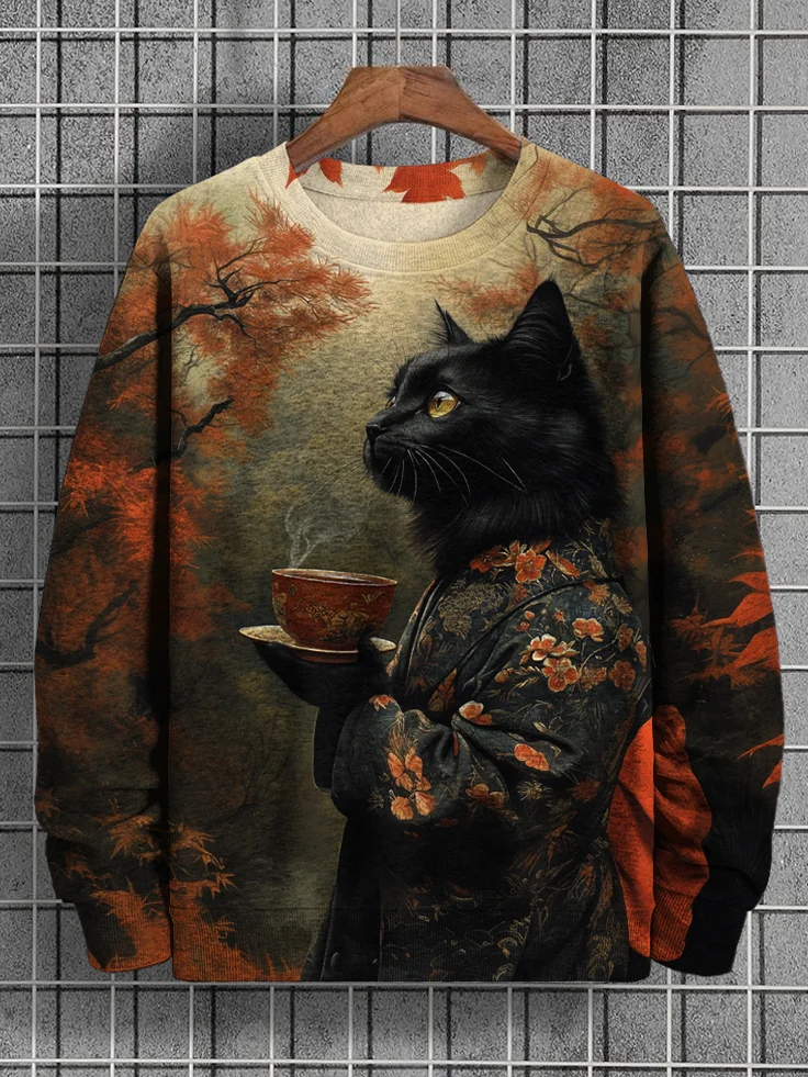 Men's Elegant Black Cat Drinking Tea Art Print Casual Sweatshirt