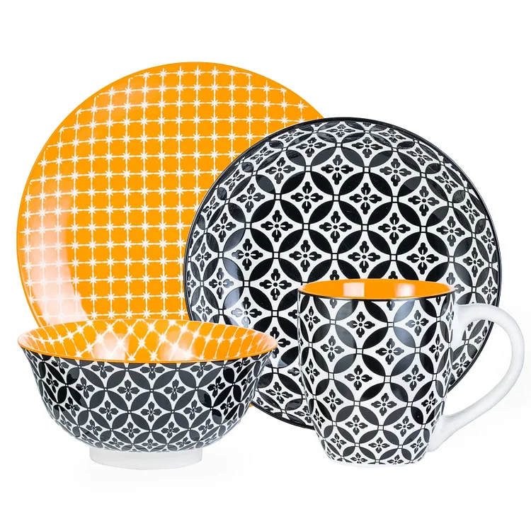 DOWAN Vibrant Joy Series Ceramic Stoneware Dinnerware Set,4-Piece Heat&Cold-resistant dinner ware set, Black Yellow Serving Bowls Kichen Gift Set