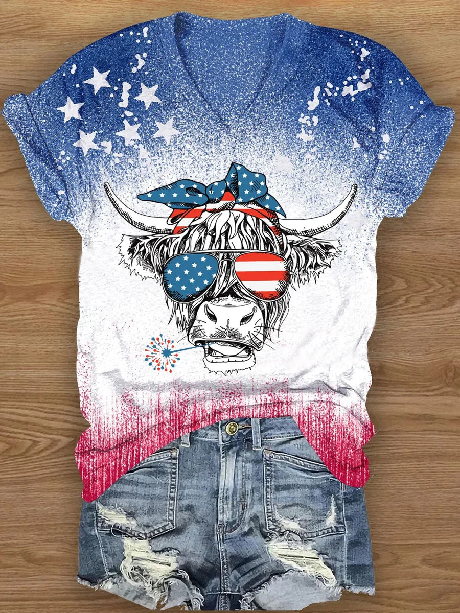 Cow July 4th America Tie Dye V-neck T-shirt