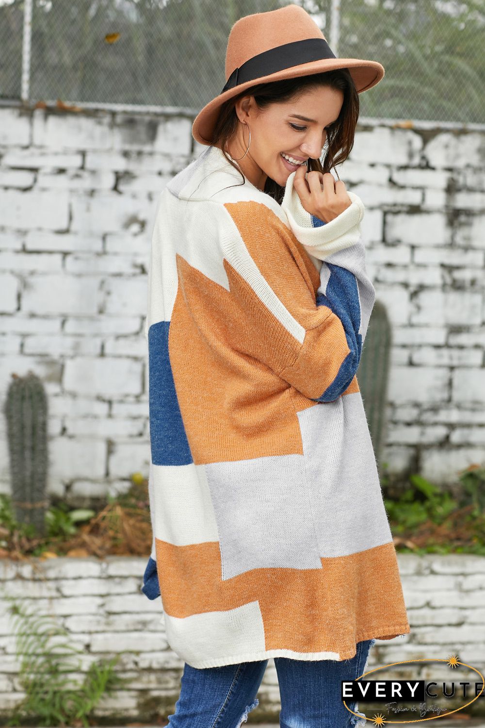 Khaki Blue Multi Colorblock Open Front Cardigan