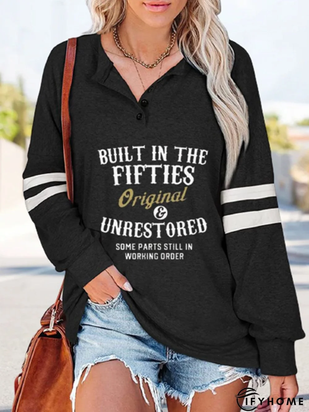 Women Casual Text Letters Autumn Buttoned Daily Standard Long sleeve H-Line Regular Size Tunic Sweatshirt | IFYHOME