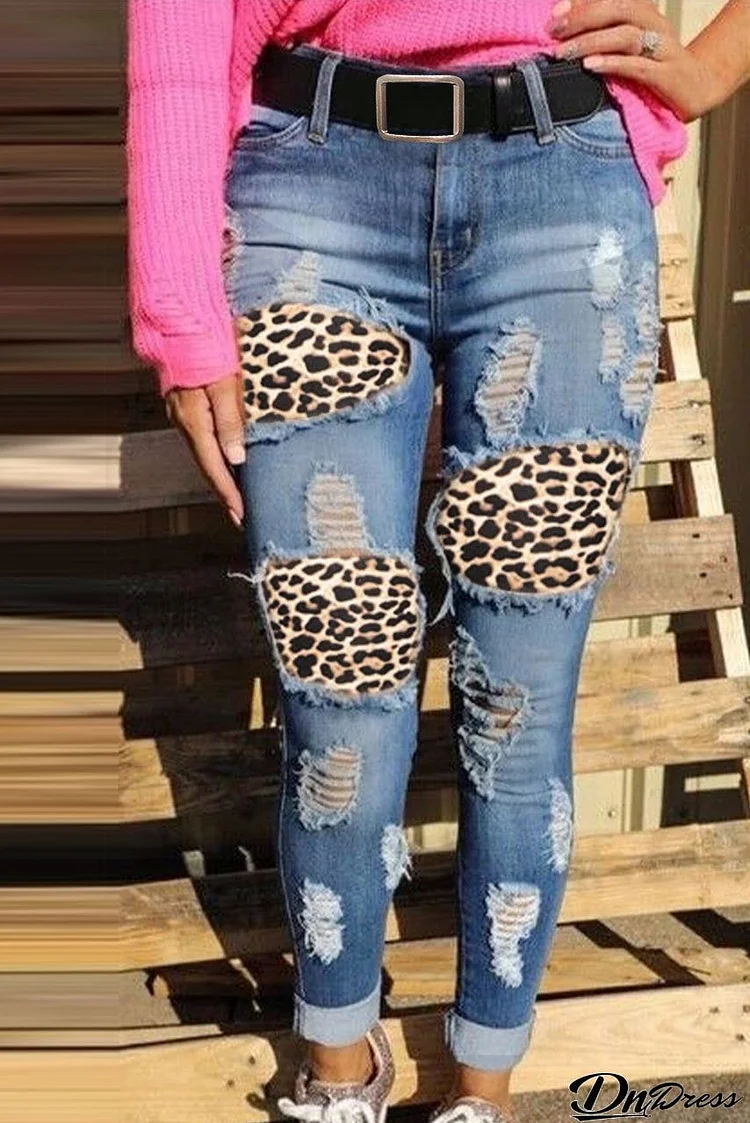 Print Stitching Ripped Skinny Jeans