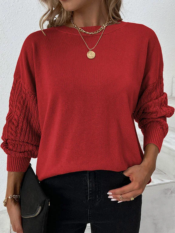 Women Lantern Sleeve Scoop Neck Vintage Stitching Sweaters