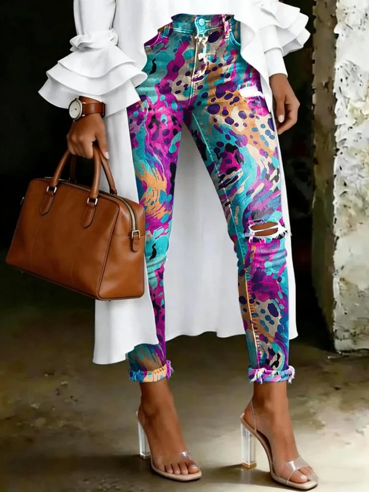 Women's Vintage Multicolor Leopard Print Casual High-waisted Ripped Skinny Jeans