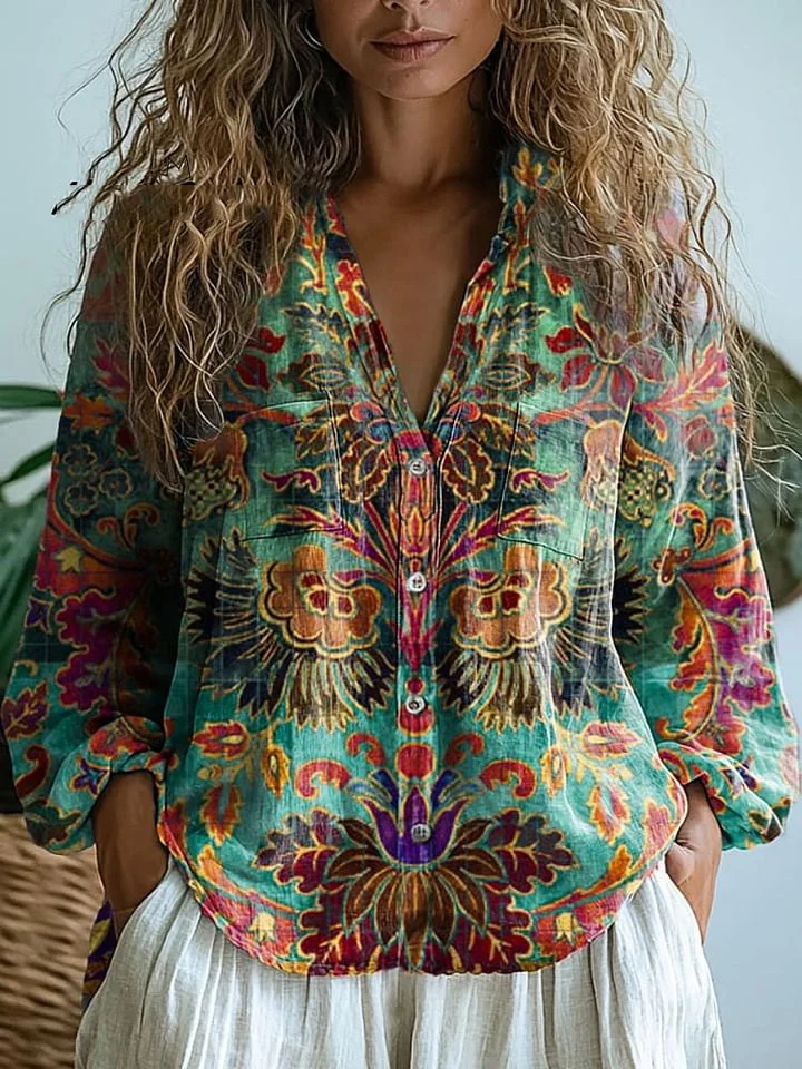 Women's Vintage Lovely Floral Art Print Casual Long Sleeve Comfortable Cotton Shirt