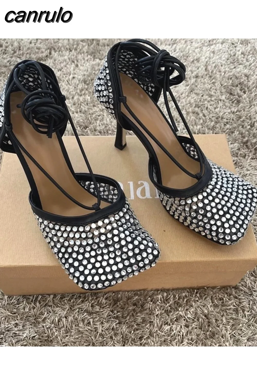 canrulo New Pumps Elegant Medium Heel Women's Shoes Bling Rhinestone Lace-Up Sexy Fashion High Heels Shoes Office Party Ladies