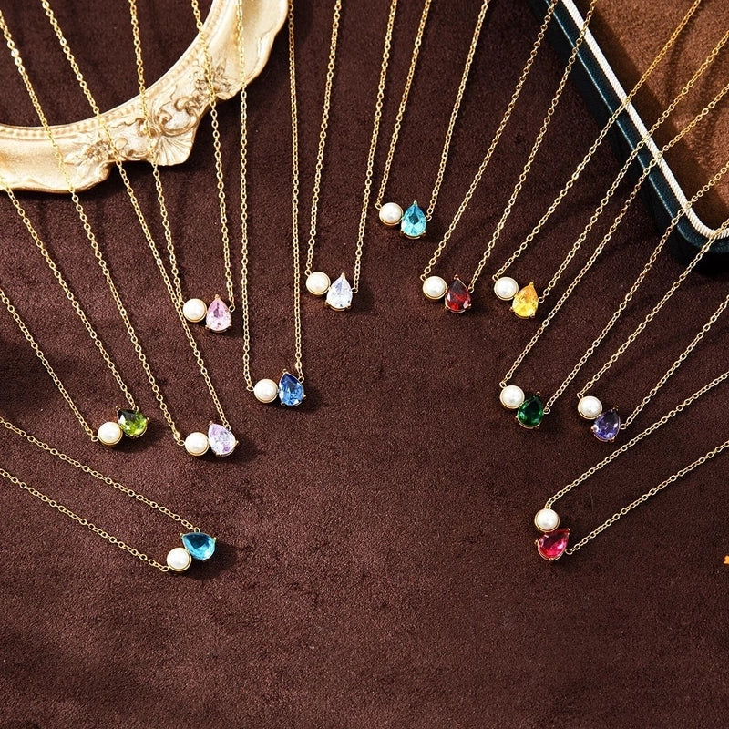 Retro Shiny Water Droplets Titanium Steel Pearl Zircon 18K Gold Plated Inlay Necklace