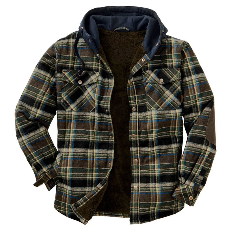 Mens Winter Outerdoor Plaid Flannel Hoodie Jacket-barclient