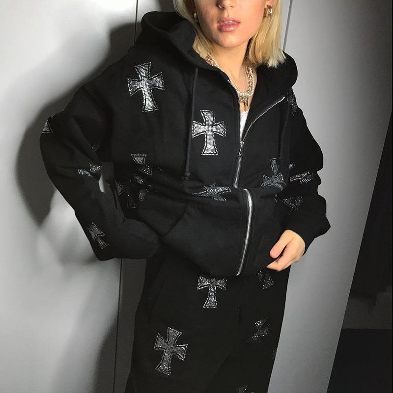 Quantumsparkhub Hip Hop Rhinestone Sweatpants Suit Y2k Long Sleeve Zip Up Hoodies Punk Gothic Joggers Sweatshirts Suits Sport Jacket Streetwear