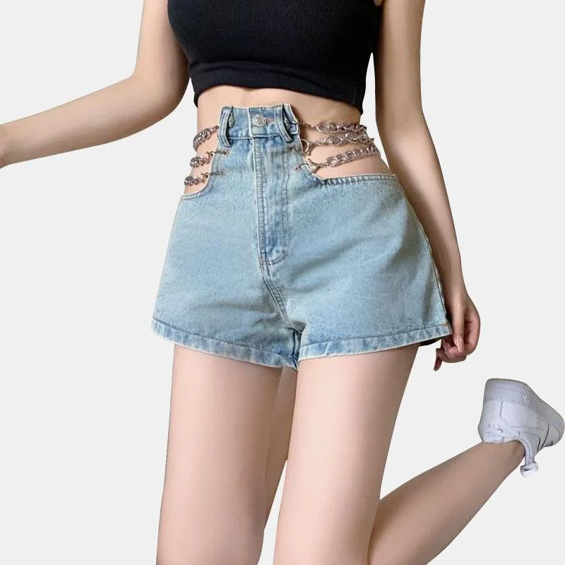 Chained Hollow Out Waist Denim Shorts
