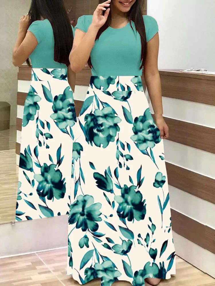 2021 Summer New Summer Bohemia Flower Print O Neck Short Sleeve Women's Maxi Dress Fashion Patchwork Ladies Long Dress Vestidos