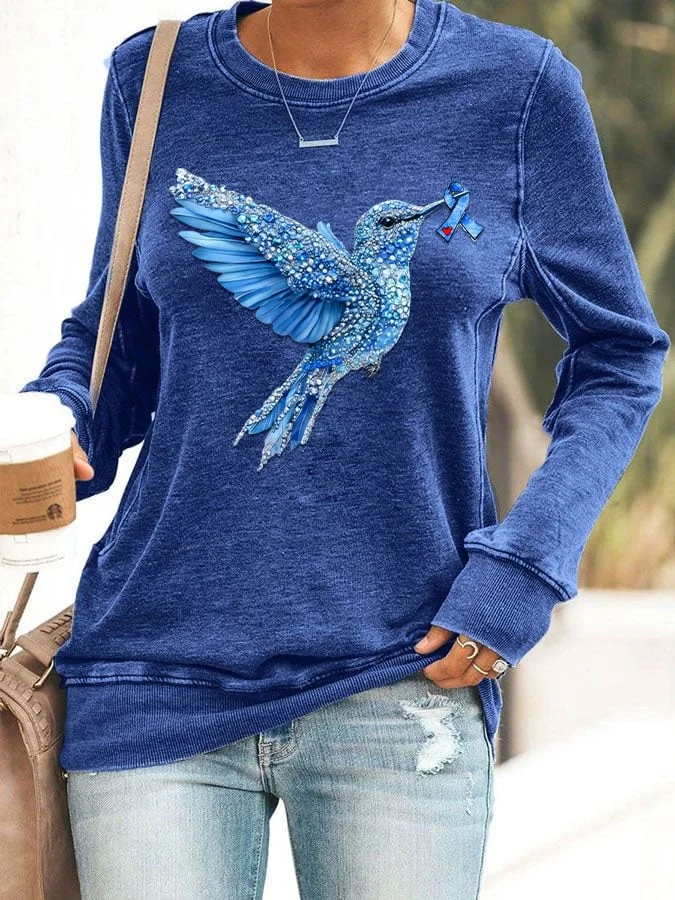 Women's Diabetes Awareness Hummingbird Ribbon Print Sweatshirt socialshop