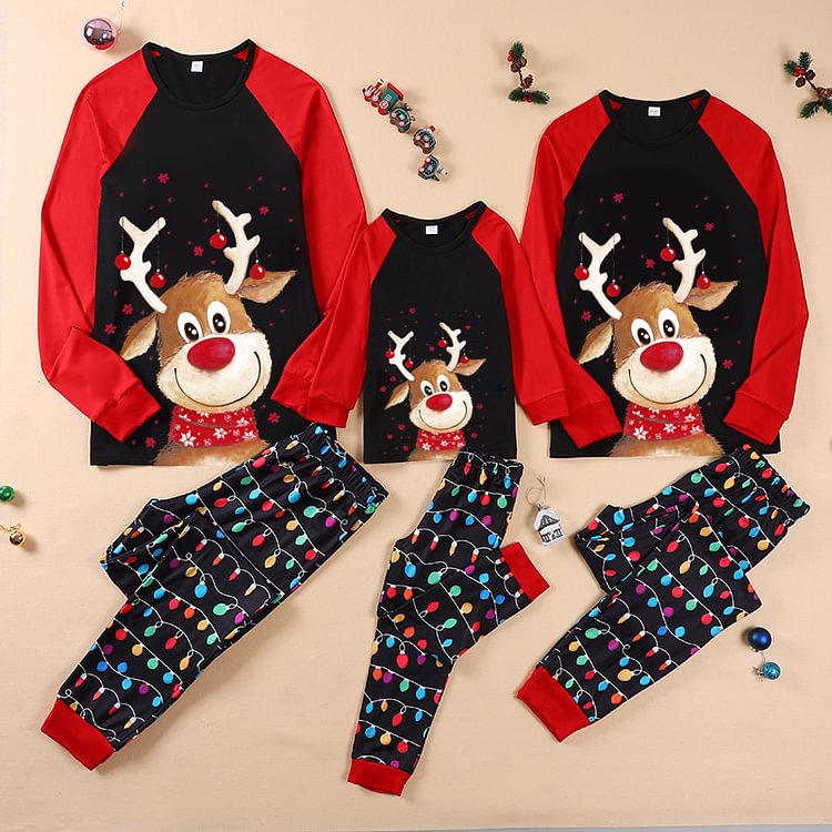 Cute Reindeer Print Christmas Lights String Pants Family Matching Pajamas Sets