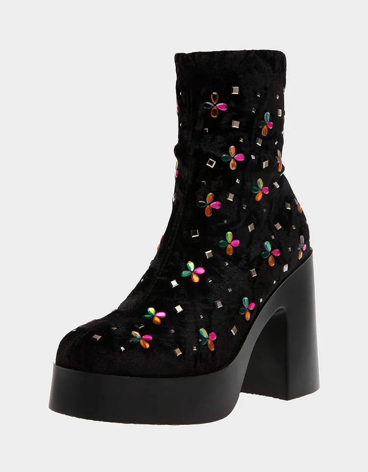 Black Platform Booties Crystal Floral Decor Chunky Heel Ankle Boots |FSJ Shoes