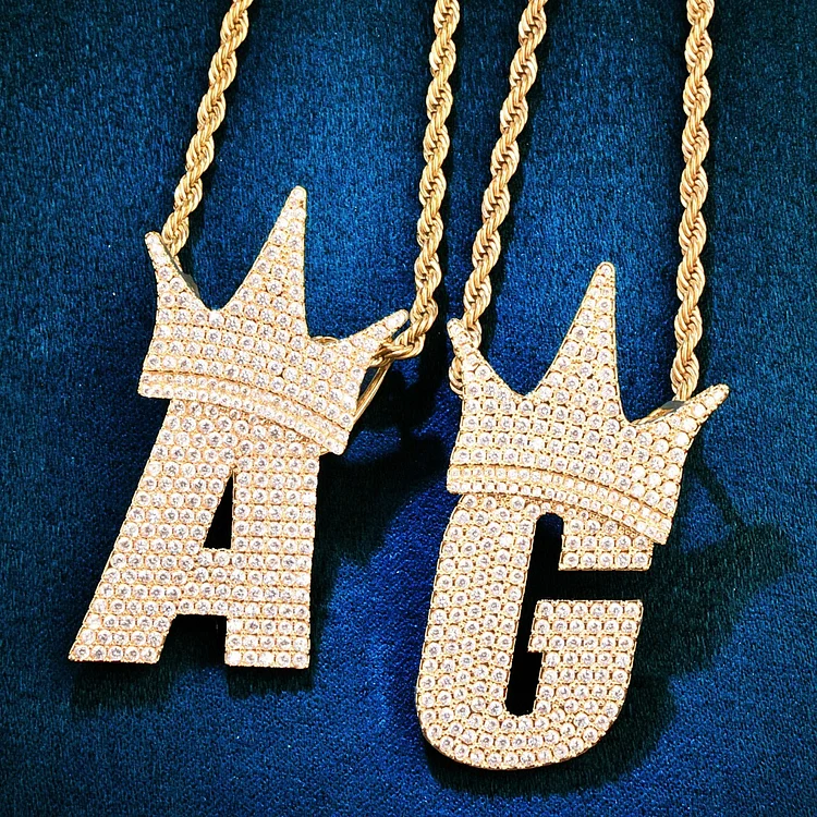 A-Z Crown Bail Initial Letter Pendant For Men Iced Necklace Jewelry-VESSFUL