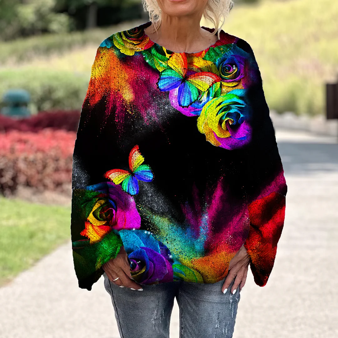 Rainbow Butterfly Printed Women's Loose Sweater