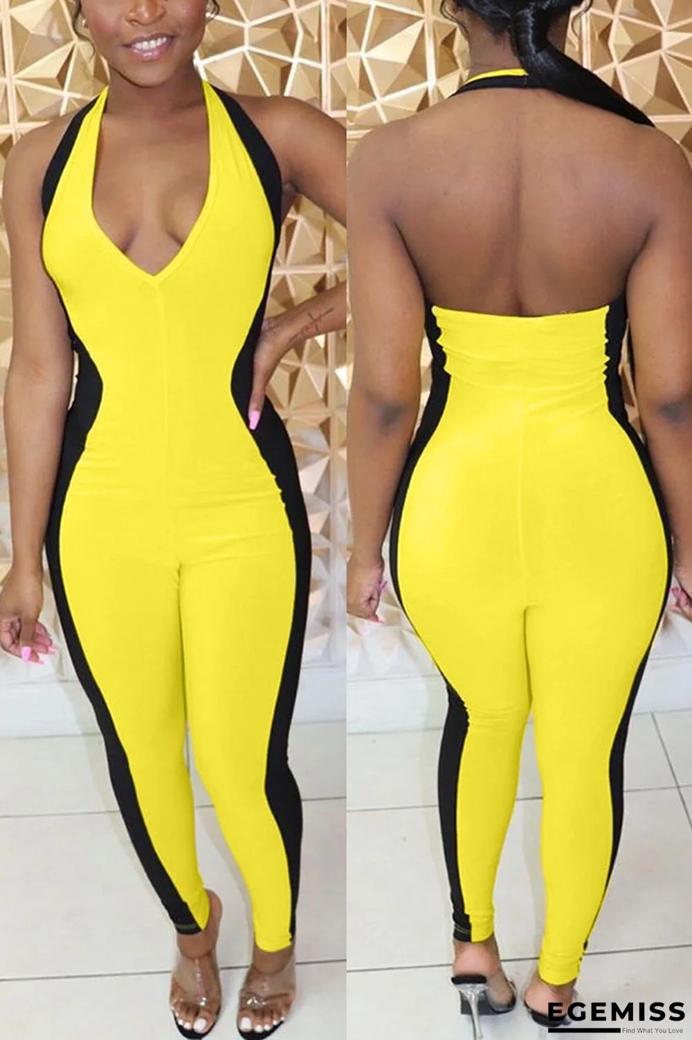 Yellow Sexy Deep V Color Matching Jumpsuit | EGEMISS