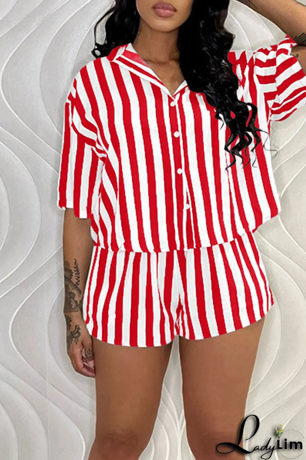 Green Casual Striped Print Patchwork Buckle Turndown Collar Short Sleeve Two Pieces