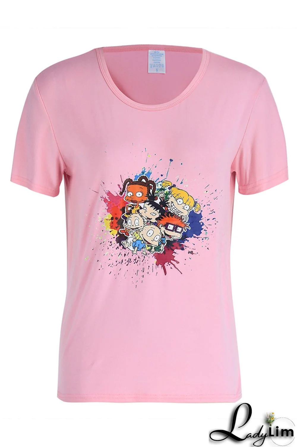 Pink Fashion Casual Cartoon Print Basic O Neck T-Shirts