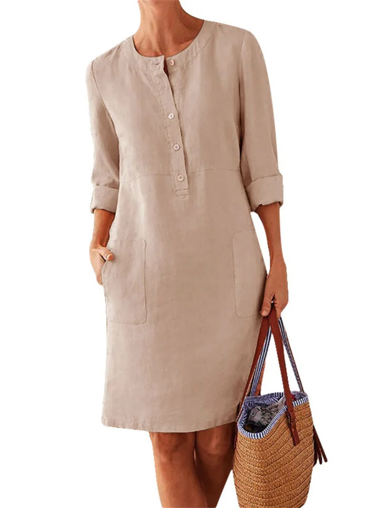Women Long Sleeve V-neck Solid Color Stitching Pockets Buttons Midi Dress