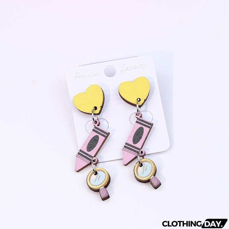 Women's Creative Fashion Wood Printing Pencil Stripe Heart Earrings